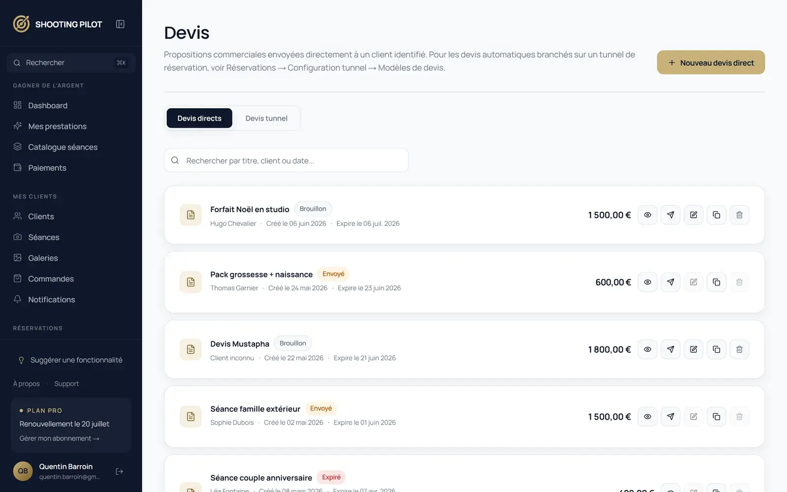 Liste des devis avec statut, montant et date d’expiration.