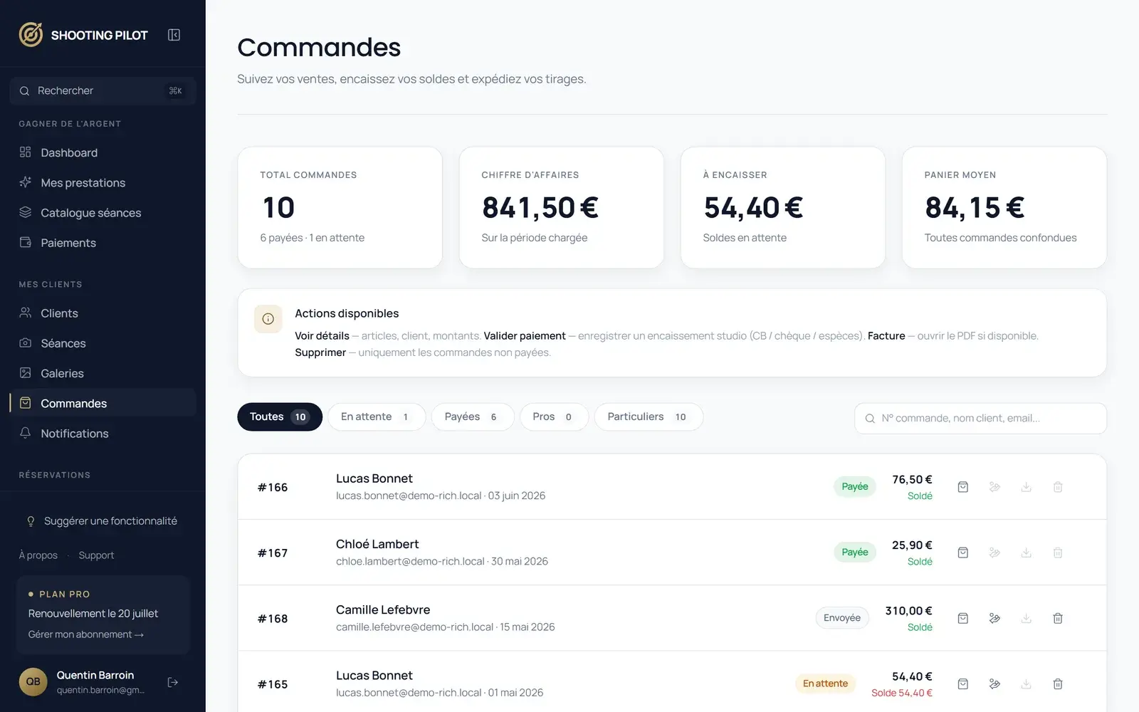 Suivi des commandes de tirages.