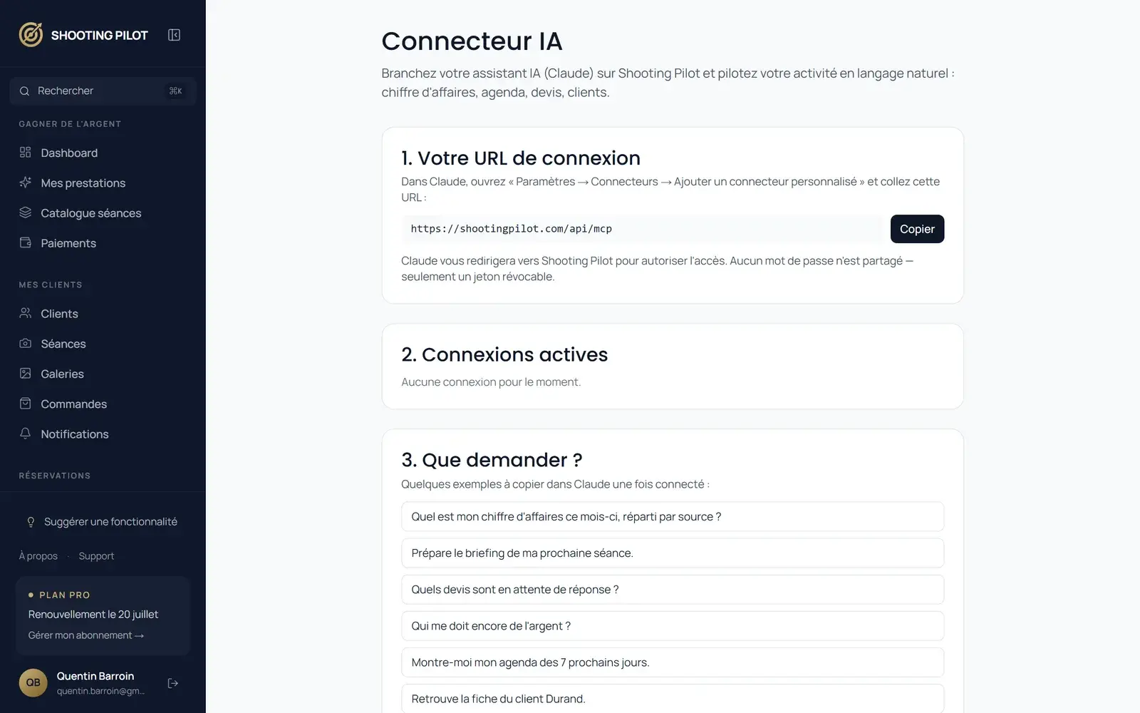 Écran de configuration du connecteur IA, avec l’URL à coller dans Claude.